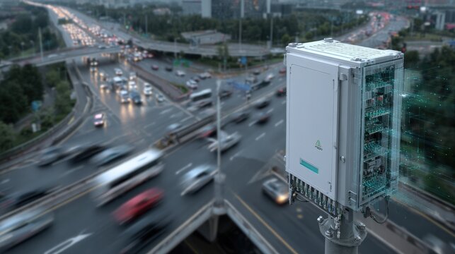 Focused medium shot of an AI control unit monitoring a busy highway exit surrounded by blurred moving vehicles and road infrastructure to emphasize data processing