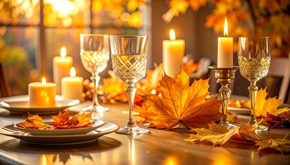 Autumn Table Setting with Candles and Wine Glasses.
