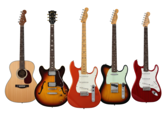 Six full-length acoustic, semi-hollow, and solid-body electric guitars upright against a transparent background with copy space, showcasing diverse designs. Concept of a curated musical