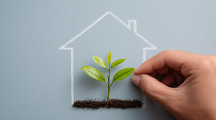 Human hands placing a small green sprout inside a paper house outline, symbolizing growth, protection, and mental health support.