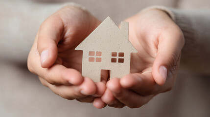 Close-up of two cupped hands holding a small paper house on a soft beige background, symbolizing shelter, security, and mental health support.