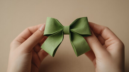 Human hands holding a folded green ribbon against a neutral backdrop, representing mental health awareness, care, and advocacy.