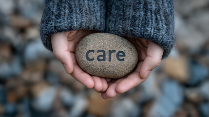 Overhead photo of hands holding a smooth stone engraved with the word “care,” representing compassion, empathy, and mental health awareness.