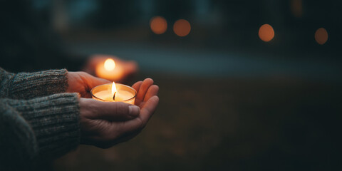 Close-up of hands holding a glowing candle in muted tones, symbolizing hope, healing, and mental health support.