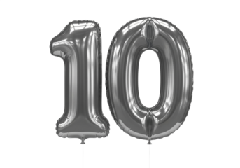 Silver metallic balloon number 10 isolated on transparent background