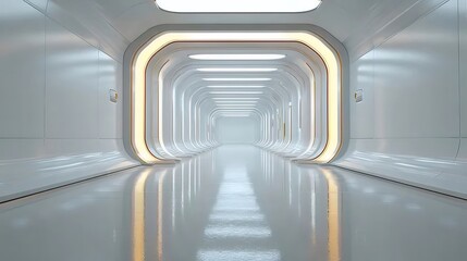 Obraz premium オレンジ色の光が輝く未来的な白い廊下