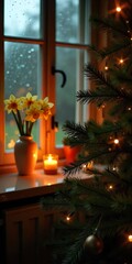 Close-up of a Christmas tree in a farmhouse kitchen during a clear summer day, lights off, night time 