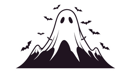 Spooky Night on the mountain: A haunting illustration showcasing a ghostly figure emerging from a shadowy mountain scene, bats circling ominously above for Halloween.