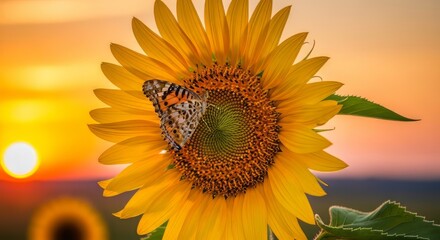 Obraz premium Sunset Serenity with Sunflower and Butterfly