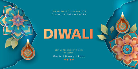 Diwali greeting card with paper flowers inside decorative frame. Festive banner concept for the Indian Festival of Lights