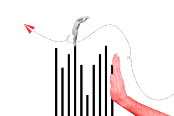 Composite photo collage of happy old man jump wear swim shorts arrow development chart hand obstacle progress isolated on painted background