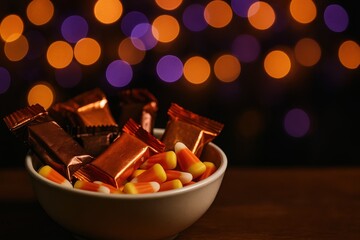 Halloween candy bowl filled with chocolate bars and candy corn against bokeh lights