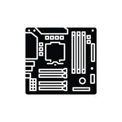 Black and white icon of a computer motherboard circuit board
