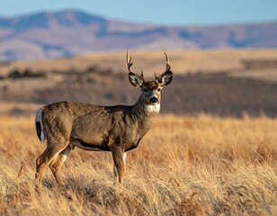 Obraz premium Buck Deer in Autumnal Field with Mountain Background