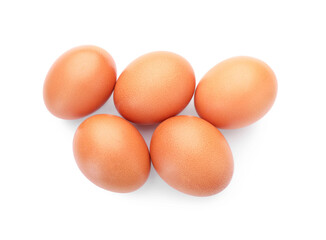 Raw chicken eggs isolated on white, top view