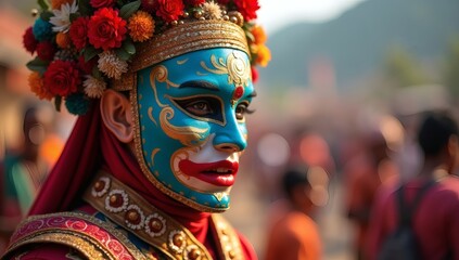 Close Up Portrait of Masked Dancer at Cultural Village Festival
