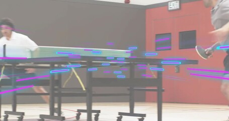 Table tennis player receiving shot lunging and returning ball for point with friends cheering - Powered by Adobe