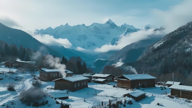 Snow-covered mountain village with wooden cabins and steam rising from chimneys, surrounded by snow-capped peaks and clouds - Powered by Adobe