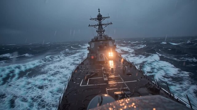 A ship navigates through turbulent ocean waters under dark skies. Waves crash against the vessel as it follows a predetermined path amid challenging weather conditions.