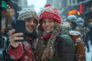 Couple taking a snowy selfie.
