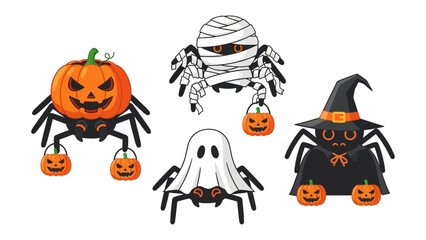 Halloween's Adorable Arachnids: Spooky season comes to life with whimsical illustrations of Halloween-themed spiders, each dressed up as iconic holiday characters.