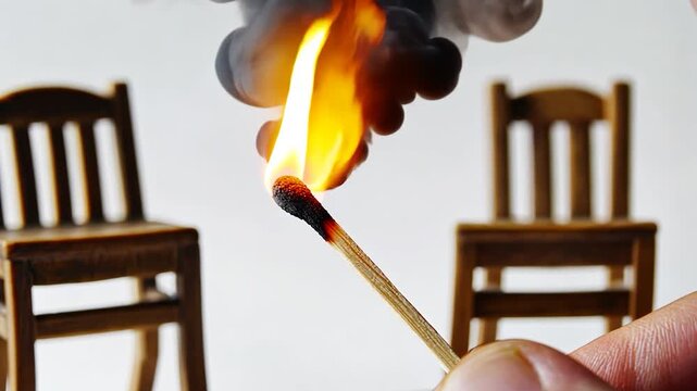 Matchstick igniting near two wooden chairs