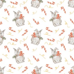 Christmas Rabbit Seamless Watercolor Pattern with Candy Canes and Decorative Ribbons for Gift Wrap and Fabric