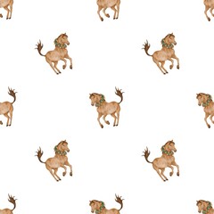 Christmas Horse Seamless Watercolor Pattern with Holly Wreath for Gift Wrap and Fabric