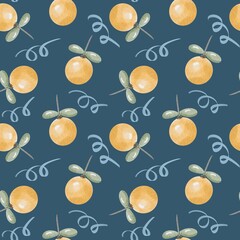 Christmas Tree Baubles Seamless Watercolor Pattern with Festive Ornaments on Blue Background for Gift Wrap and Fabric