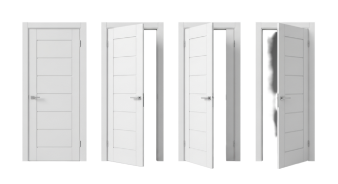 Multiple pristine matte white modern interior doors with horizontal grooves and chrome hardware on a transparent studio background, showcasing various functional states. Concept for architectural