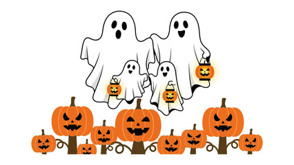 Haunted Gathering: A cartoon illustration of a ghostly family, holding lit jack-o'-lanterns, above a vibrant patch of Halloween pumpkins ready for All Hallows' Eve. 