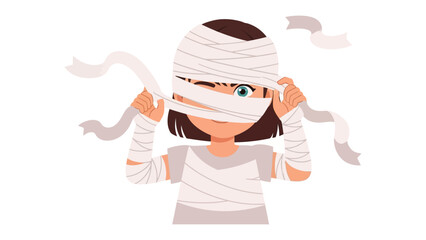 Mummy Fun: A cartoon illustration of a playful young girl wrapped in bandages, engaging in some imaginative Halloween cosplay.