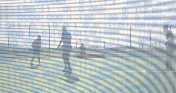 Teenage attacker dribbling ball starting drill with defender pressuring as keeper diving to deflect