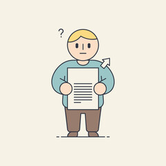 Obraz premium Confused man holding a document with question mark expression Looking for a job