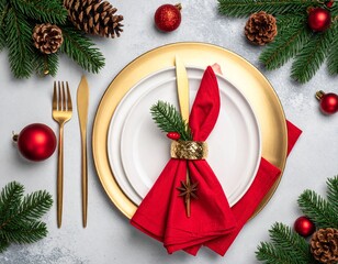 Flat lay of Christmas dinner table with golden cutlery, red napkins, pine branches, and festive ornaments – holiday celebration