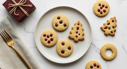 Fototapeta premium Christmas cookies with cranberries on a marble surface and gold fork