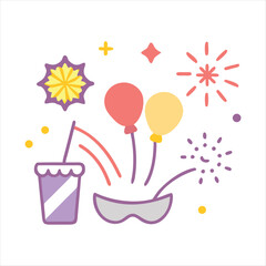 Colorful Party Celebration Vector – Balloons, Fireworks, Drink Cup, and Festive Accessories for New Year, Birthday, and Holiday Events