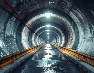 Dark tunnel, wet floor, futuristic