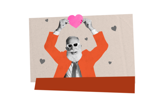 Composite trend artwork 3D sketch image photo collage of valentine day love bonding date aged man beard wear suit eyewear hand hold heart