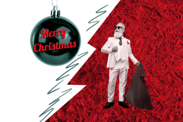 Composite photo collage of happy old man hold bag present new year celebration bauble toy celebration santa isolated on painted background