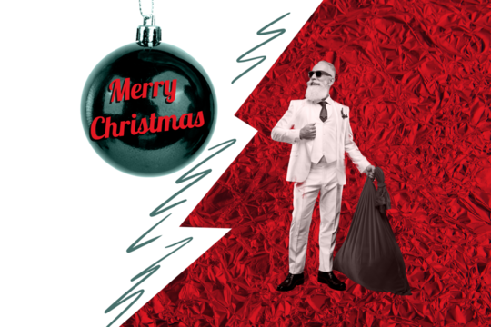 Composite photo collage of happy old man hold bag present new year celebration bauble toy celebration santa isolated on painted background