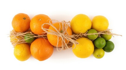 Vibrant oranges, lemons, and limes artfully arranged with rustic twine and straw create a fresh, natural display perfect for healthy living and culinary inspiration.