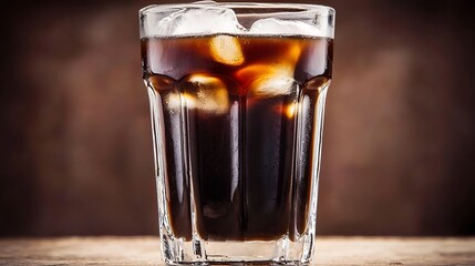Minimal composition of iced coffee glass with ice reflections on dark background, strong contrast lighting