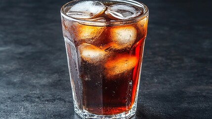 Minimal composition of iced coffee glass with ice reflections on dark background, strong contrast lighting