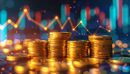 Stack of golden coins with glowing financial graph lines and bar chart overlay symbolizing