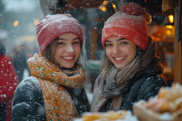 women in winter clothing standing in front of a store.