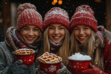 girls in winter clothing holding cups of hot chocolate.