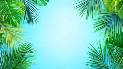 Overhead shot of leafy tropical plant elements arranged flat on clean white backdrop