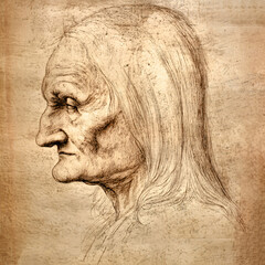 Renaissance drawing of a very old woman with long hair on parchment paper.