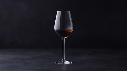 Minimalist presentation of wine glass filled with red drink glowing against black background